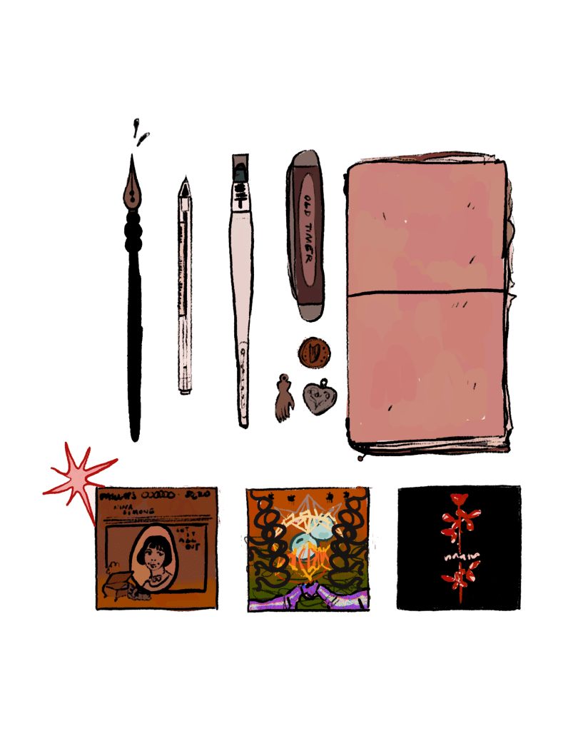 Digital Illustration of my pens, my sketchbook, and my favorite albums